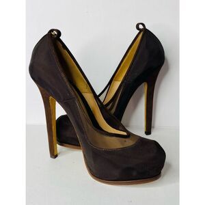 Fendi Chocolate Brown Mesh and Suede High Heel Platform Pumps. Authentic